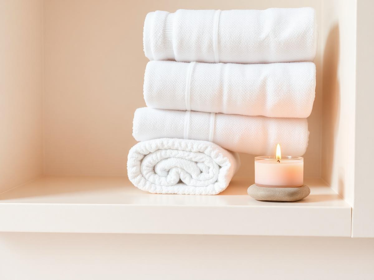 Fresh white spa towels and candle